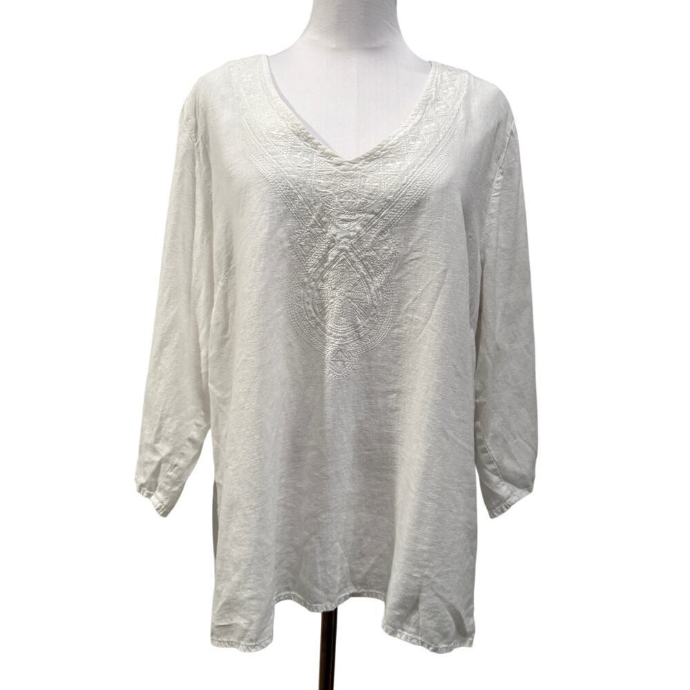 Saint Tropez West Linen Blend Embroidered White Tunic Top 1X Boho Coastal Resort